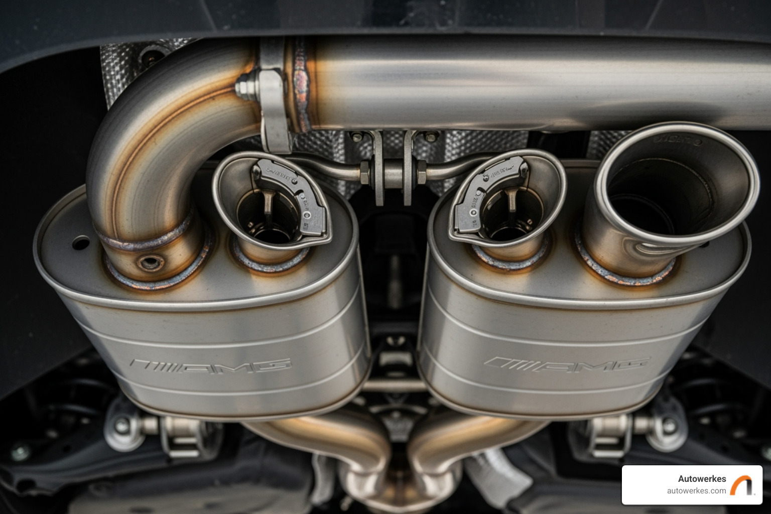 AMG performance exhaust system with visible valves - Mercedes Benz exhaust system parts