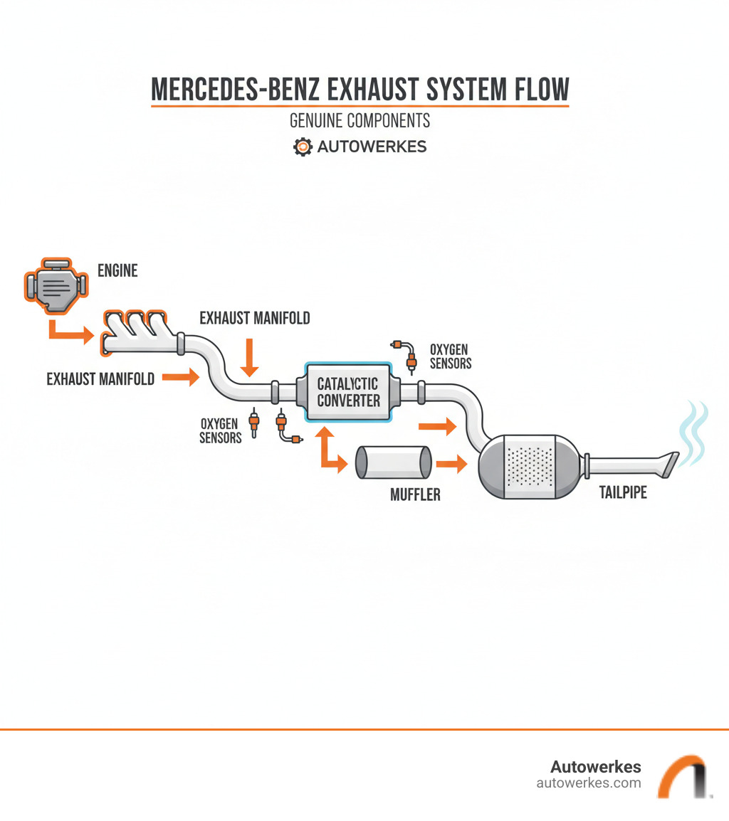 Infographic showing the exhaust system flow from engine through manifold, catalytic converter, oxygen sensors, resonator, muffler, and tailpipe, with labels for each component and arrows indicating gas flow direction - Mercedes Benz exhaust system parts infographic 