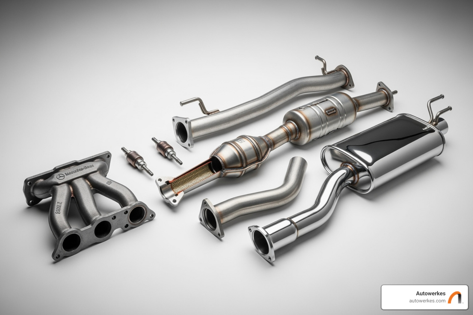 Diagram labeling the parts of a Mercedes-Benz exhaust system, including manifold, catalytic converter, oxygen sensors, resonator, muffler, exhaust pipes, and tailpipe tips - Mercedes Benz exhaust system parts