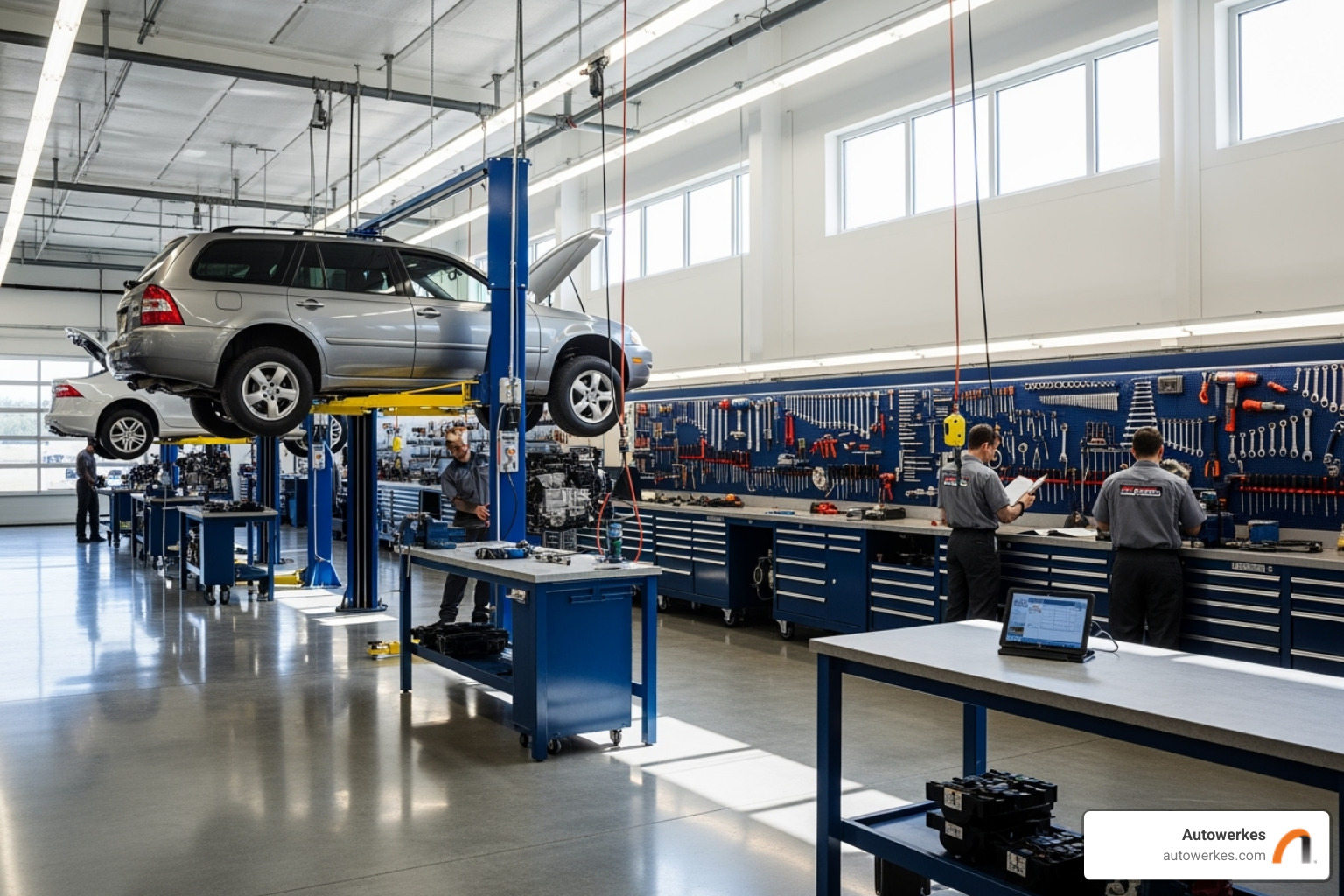 Autowerkes workshop interior, clean and organized - auto interior repair Autowerkes workshop interior, clean and organized - auto interior repair