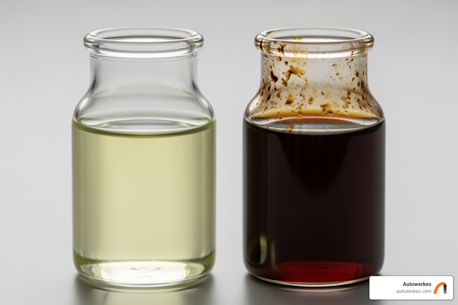 Comparison of new, clear brake fluid with old, dark brake fluid - BMW brake fluid change