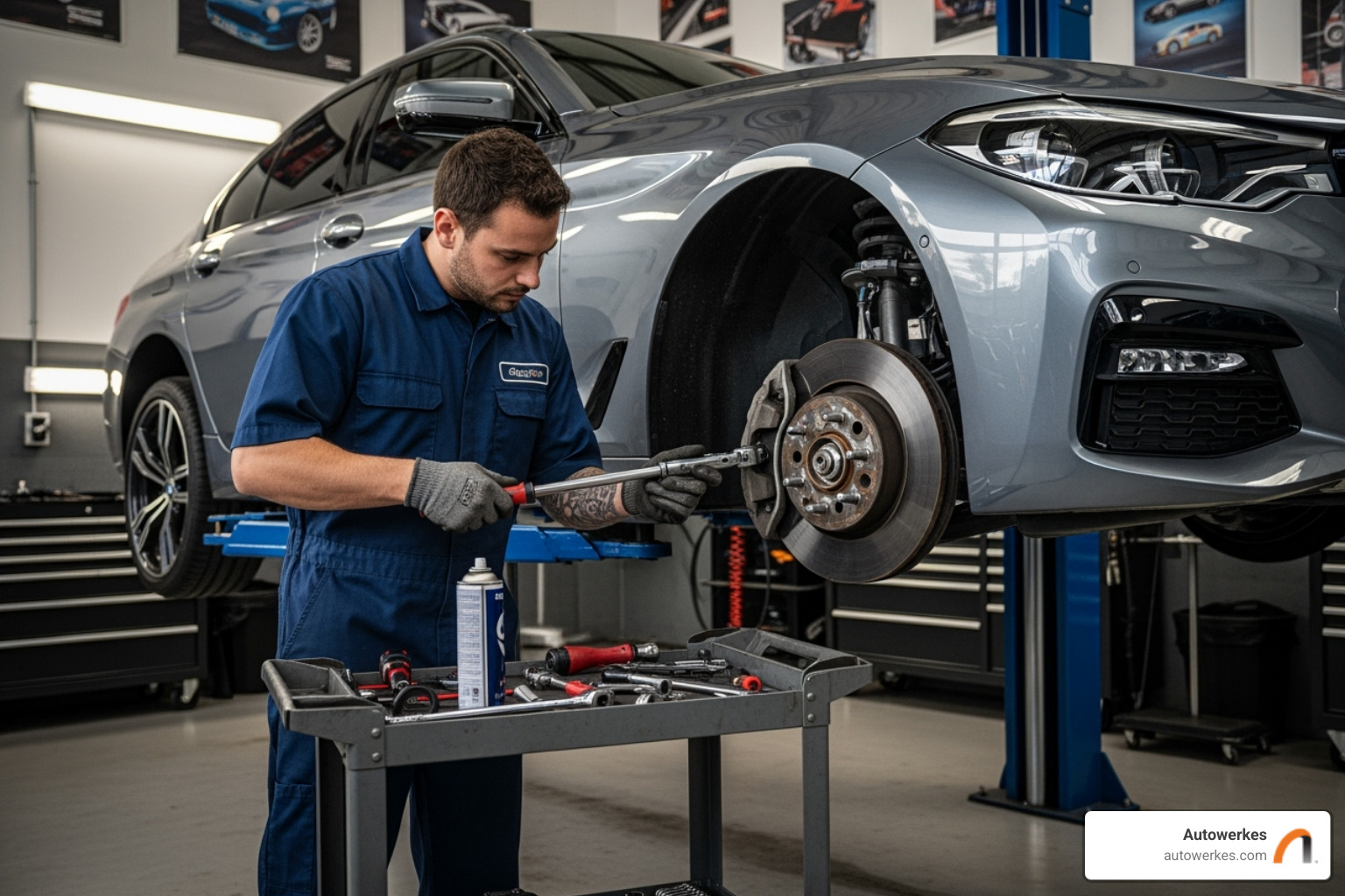 Autowerkes technician working on a BMW's brakes - BMW brake fluid change