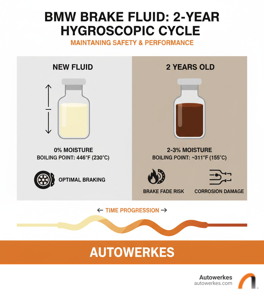 Infographic showing the hygroscopic nature of brake fluid over a 2-year period, illustrating how moisture absorption increases from 0% in new fluid to 2-3% by year two, with corresponding drops in boiling point from 446°F to approximately 311°F, and visual indicators of color change from clear/light yellow to dark brown, alongside icons representing brake fade risk and corrosion damage - BMW brake fluid change infographic 