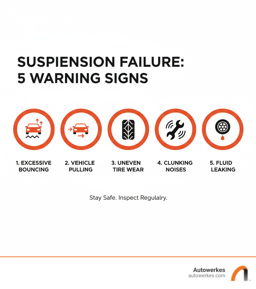 infographic showing five key warning signs of suspension failure: excessive bouncing after bumps, vehicle pulling to one side during driving, uneven tire wear patterns, clunking or rattling noises over bumps, and fluid leaking near wheels, with simple icons for each symptom - suspension repair cost infographic infographic showing five key warning signs of suspension failure: excessive bouncing after bumps, vehicle pulling to one side during driving, uneven tire wear patterns, clunking or rattling noises over bumps, and fluid leaking near wheels, with simple icons for each symptom - suspension repair cost infographic