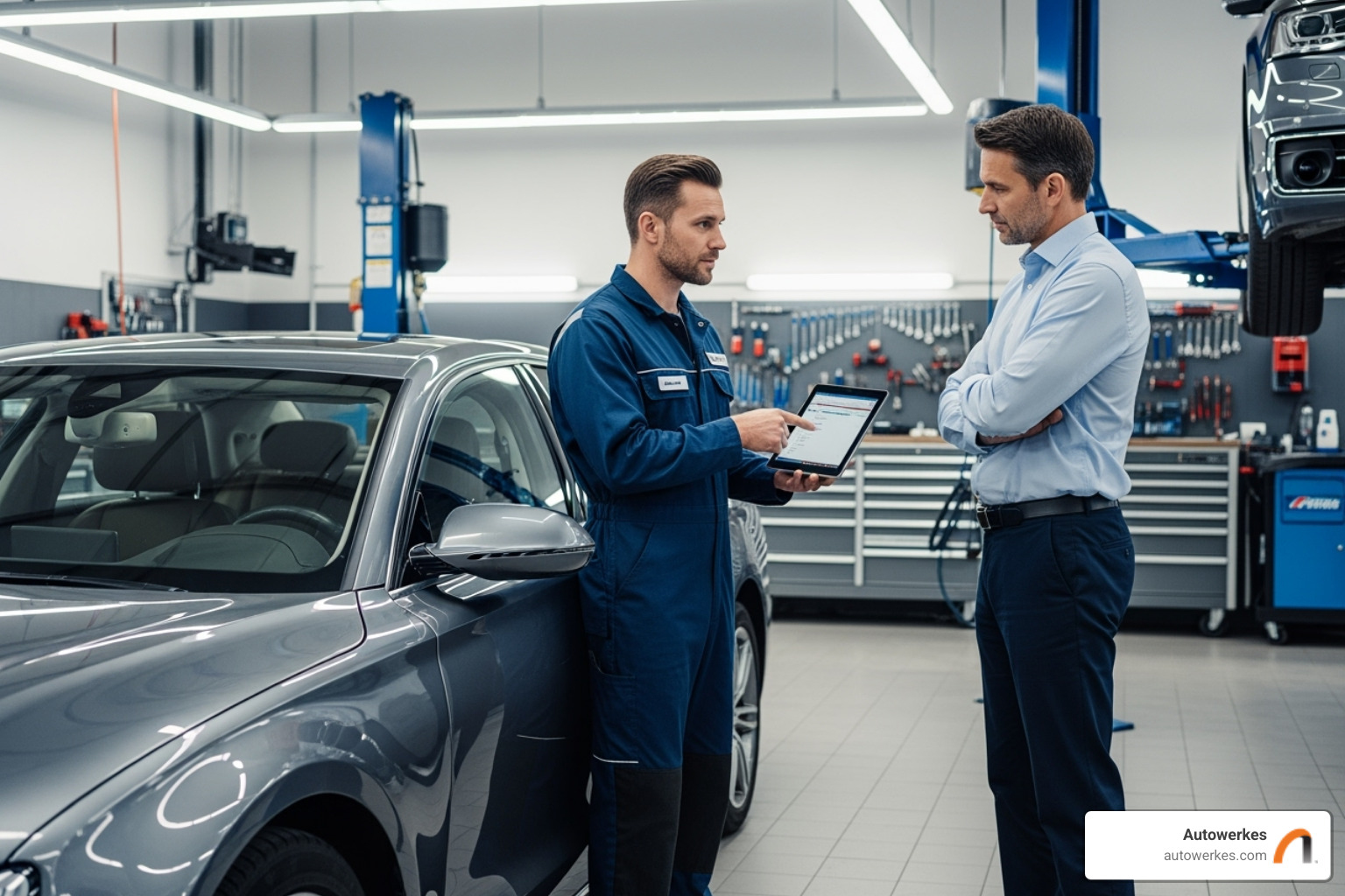Autowerkes technician explaining repair costs - suspension repair cost Autowerkes technician explaining repair costs - suspension repair cost