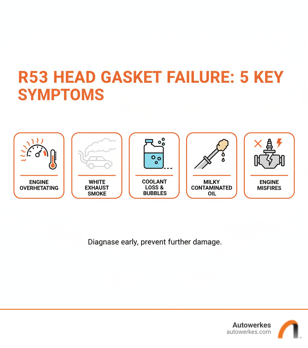 infographic showing the five main symptoms of a blown r53 head gasket: engine overheating with temperature gauge rising, white smoke billowing from exhaust pipe, coolant reservoir with unexplained loss and bubbles, oil dipstick showing milky contaminated oil, and engine experiencing misfires - r53 head gasket replacement infographic infographic showing the five main symptoms of a blown r53 head gasket: engine overheating with temperature gauge rising, white smoke billowing from exhaust pipe, coolant reservoir with unexplained loss and bubbles, oil dipstick showing milky contaminated oil, and engine experiencing misfires - r53 head gasket replacement infographic