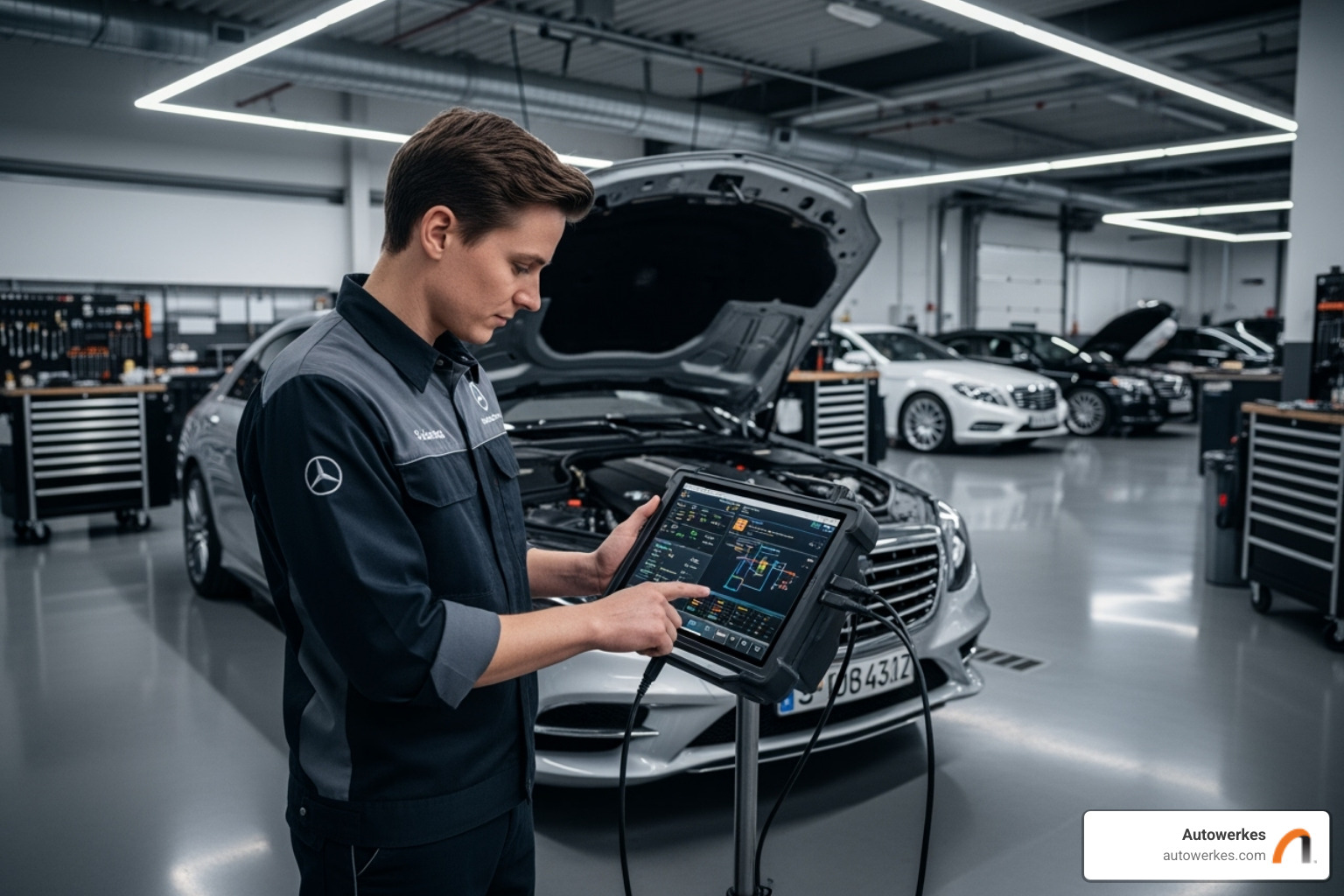 Technician using a specialized diagnostic tool on a Mercedes-Benz in a clean workshop - european car specialist Technician using a specialized diagnostic tool on a Mercedes-Benz in a clean workshop - european car specialist