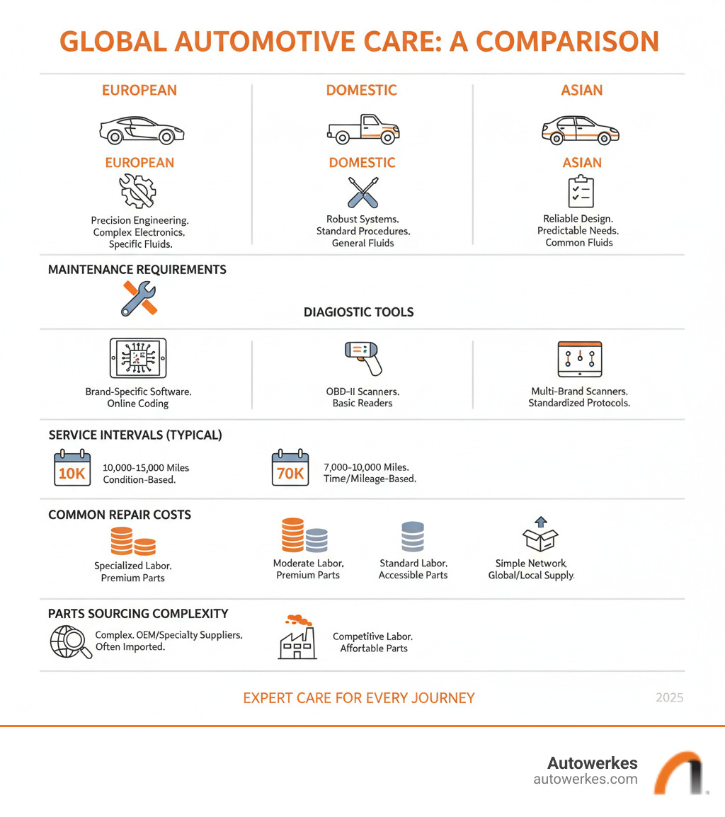 Infographic comparing European, domestic, and Asian vehicle maintenance requirements, diagnostic tool needs, typical service intervals, common repair costs, and parts sourcing complexity - european car specialist infographic Infographic comparing European, domestic, and Asian vehicle maintenance requirements, diagnostic tool needs, typical service intervals, common repair costs, and parts sourcing complexity - european car specialist infographic