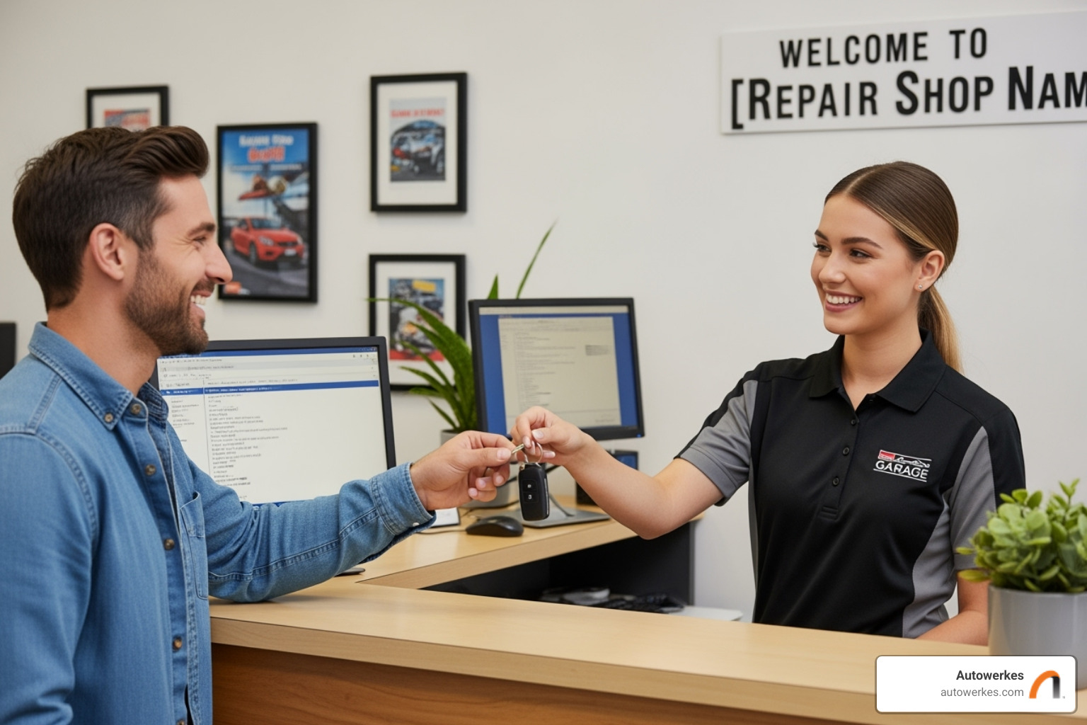 Happy customer receiving keys from a service advisor at the front desk - european car specialist Happy customer receiving keys from a service advisor at the front desk - european car specialist