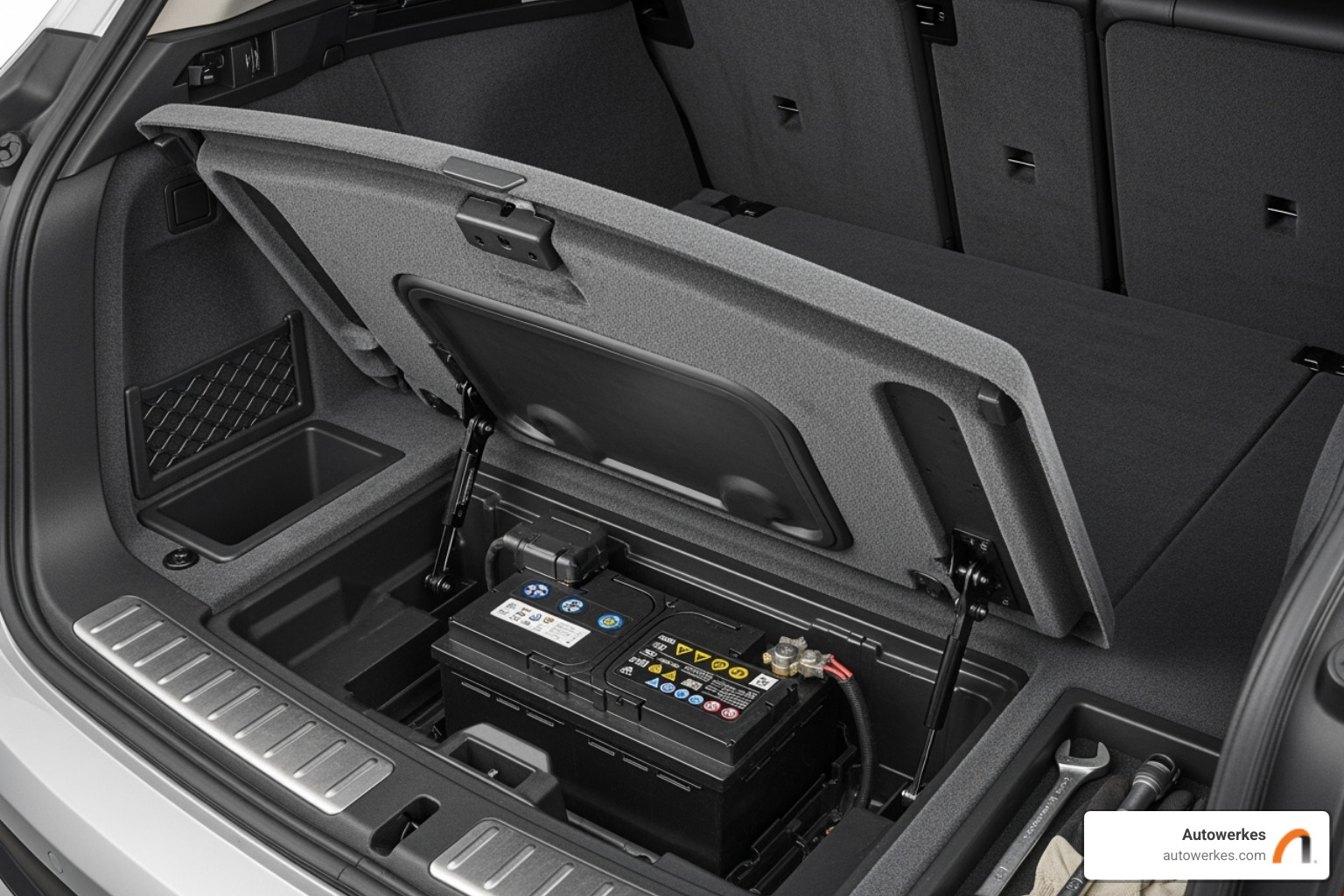 Battery location in the trunk of a BMW X3 - 2018 bmw x3 battery replacement