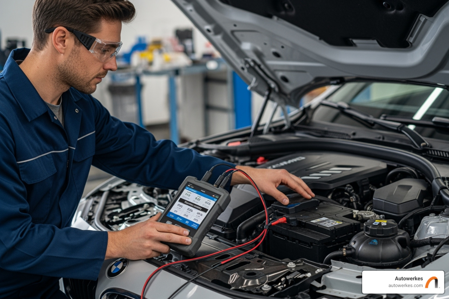 Technician using a diagnostic tool to register a new BMW battery - 2018 bmw x3 battery replacement