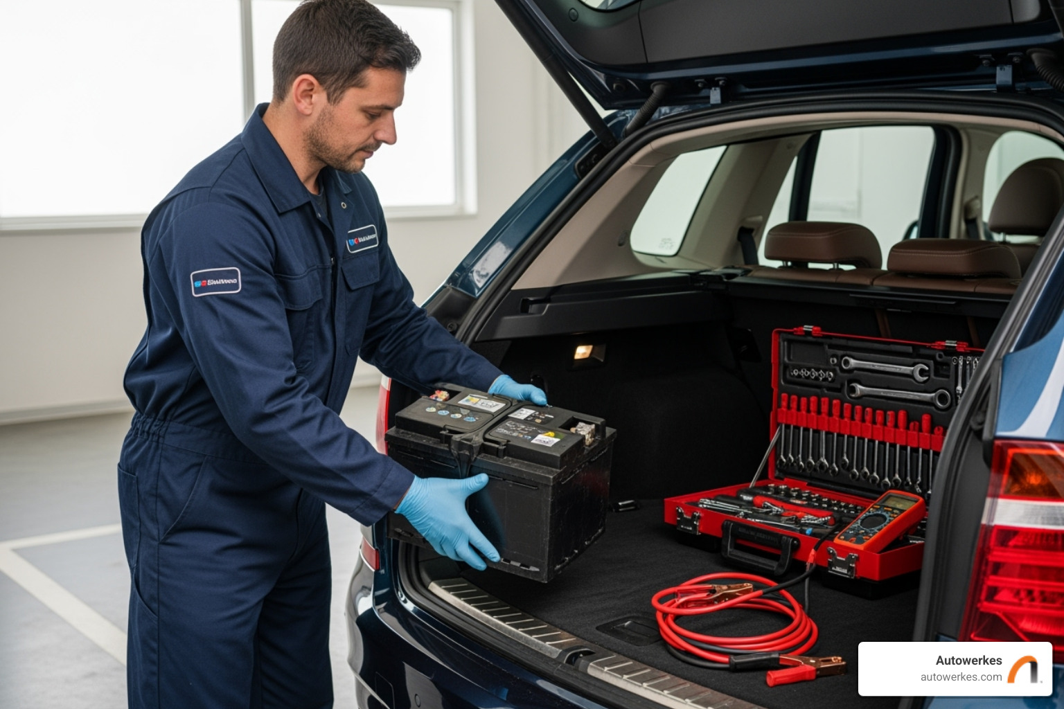 Technician carefully lifting old battery out of BMW X3 trunk - 2018 bmw x3 battery replacement