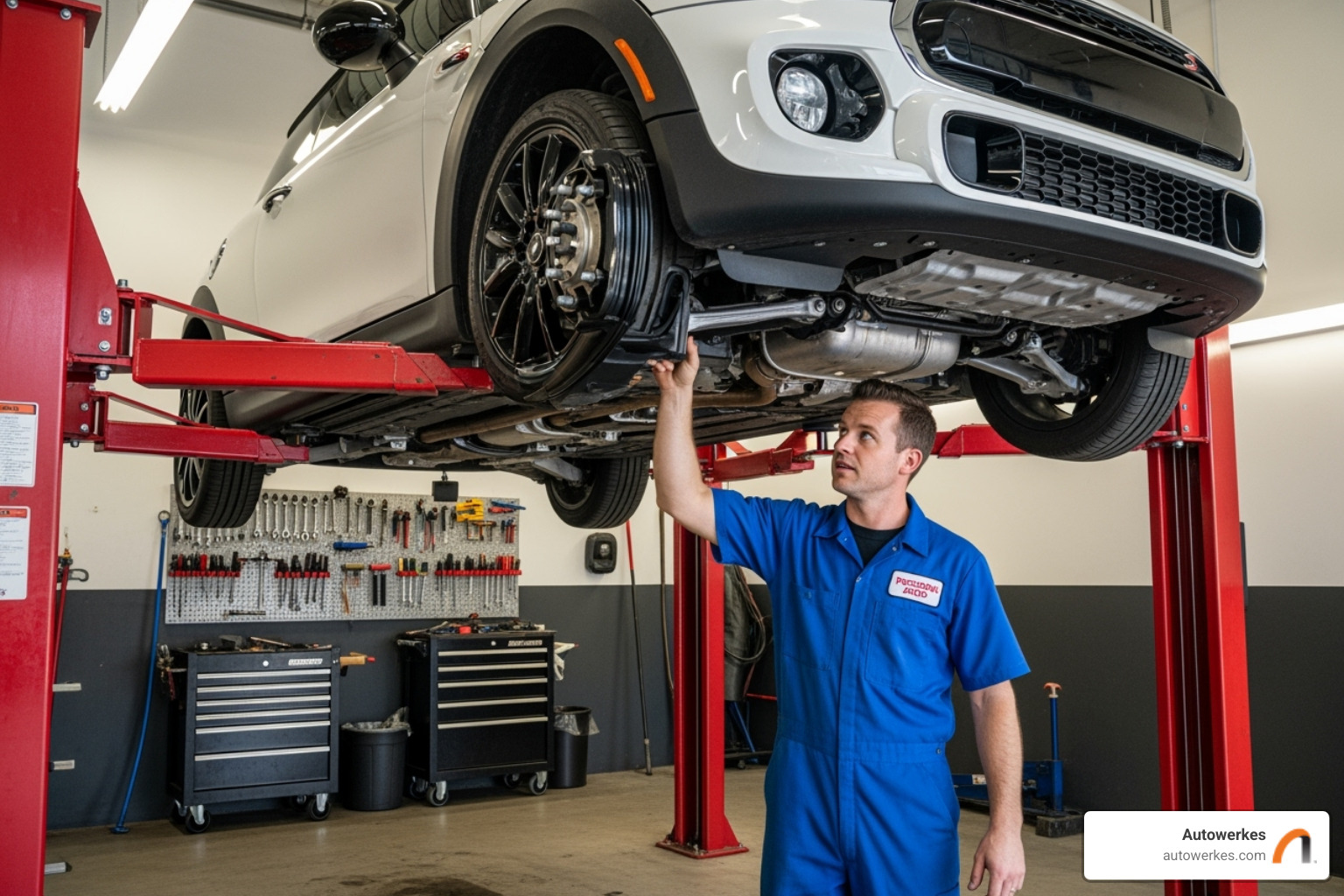 Mini Cooper on a service lift with a technician pointing to the suspension - mini cooper suspension repair