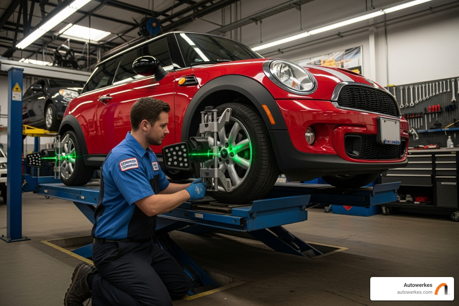 Certified technician performing a wheel alignment on a Mini Cooper - mini cooper suspension repair