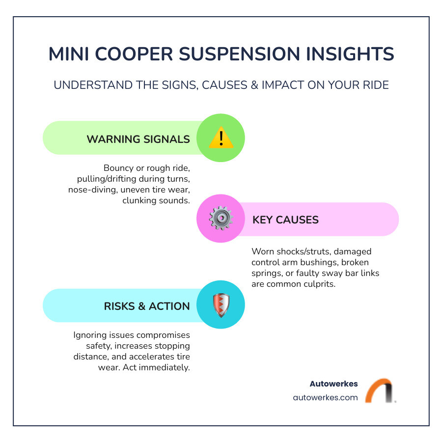 Detailed infographic showing Mini Cooper suspension components including MacPherson struts, control arms, bushings, springs, and sway bars with labels indicating common failure points and symptoms - mini cooper suspension repair infographic infographic-line-3-steps-colors