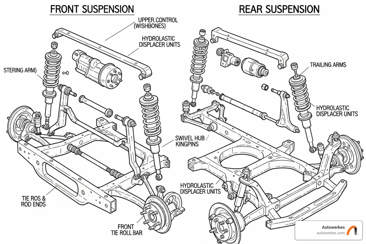 Diagram showing the main components of a Mini Cooper's front and rear suspension - mini cooper suspension repair