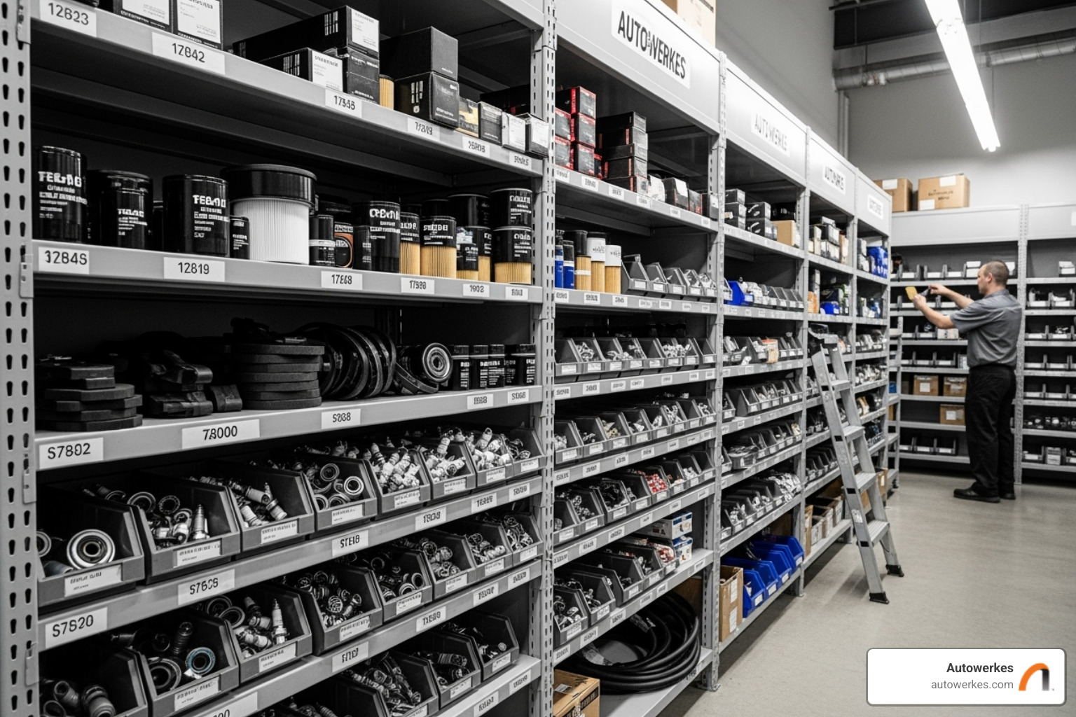 An organized parts storage area at Autowerkes, showcasing various automotive components neatly shelved and categorized, ready for inspection or installation. - used exhaust parts