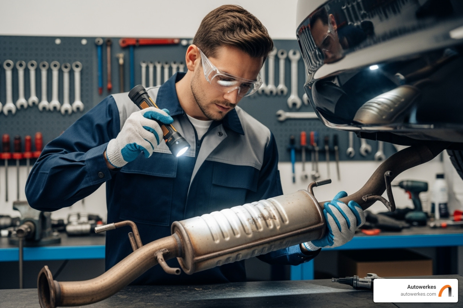 An Autowerkes technician carefully inspecting a used muffler for signs of rust or damage in a well-lit workshop. - used exhaust parts