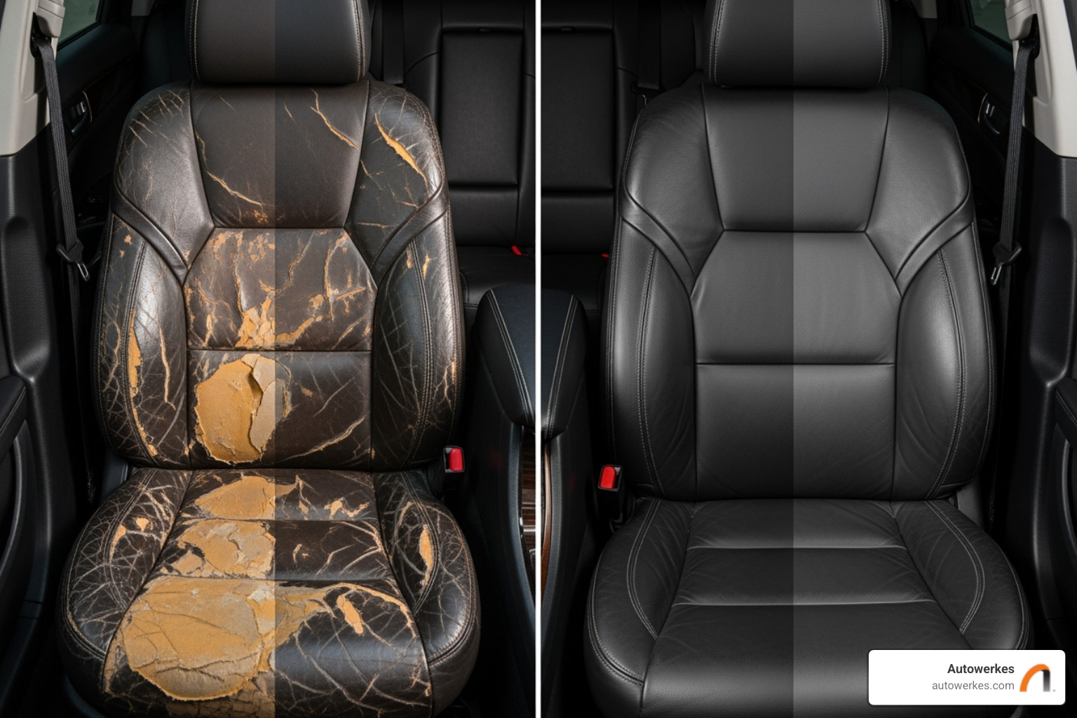 before-and-after photo of a repaired leather seat by Autowerkes - auto upholstery near me