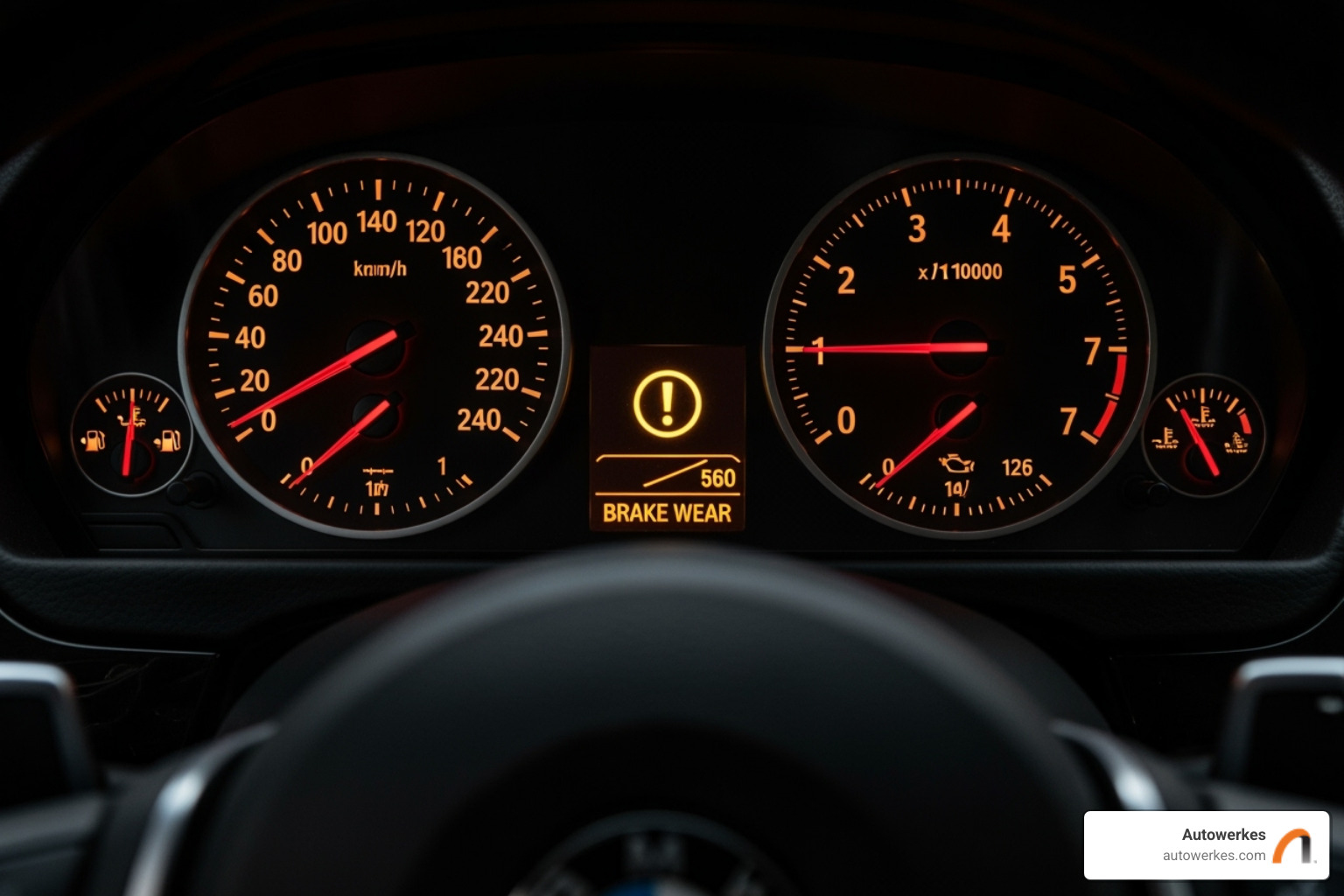 BMW dashboard with the brake wear indicator light illuminated - bmw brake pads and rotors replacement cost BMW dashboard with the brake wear indicator light illuminated - bmw brake pads and rotors replacement cost