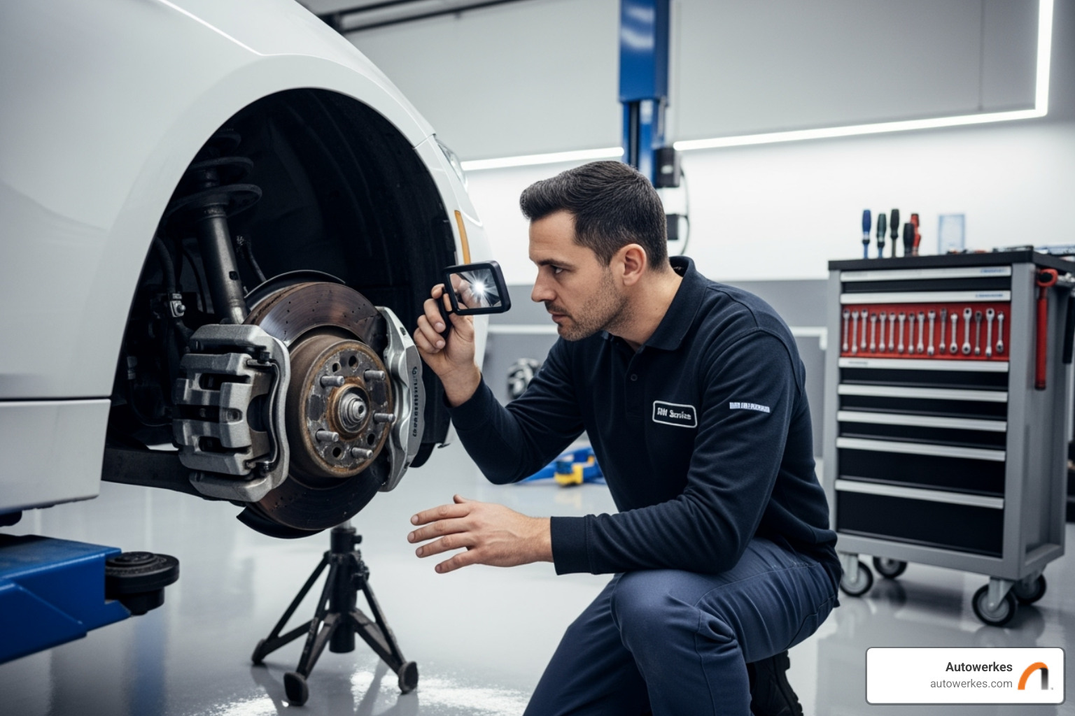 Autowerkes technician inspecting a BMW's brake assembly in a spotless service bay - bmw brake pads and rotors replacement cost Autowerkes technician inspecting a BMW's brake assembly in a spotless service bay - bmw brake pads and rotors replacement cost