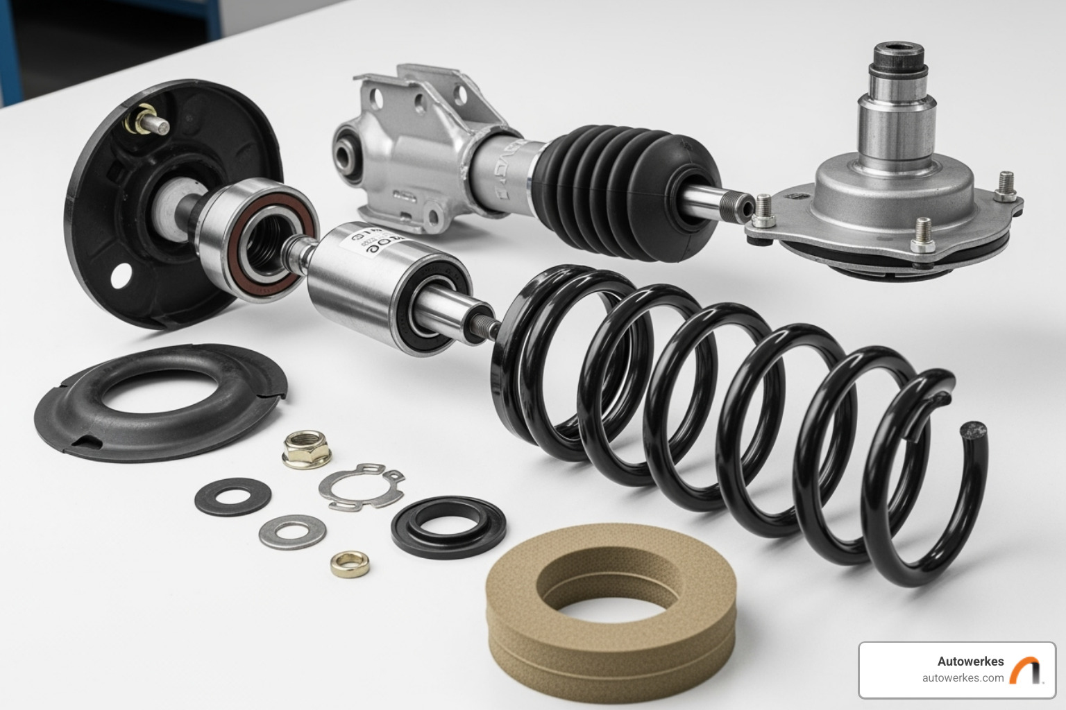Complete front strut assembly with all its components laid out, as used in Autowerkes repairs - BMW suspension parts cost