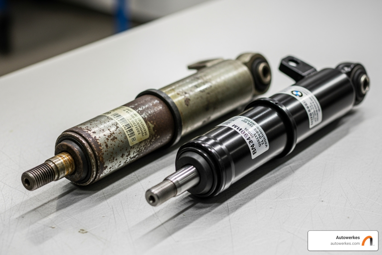 Worn BMW shock absorber next to a new one at Autowerkes - BMW suspension parts cost