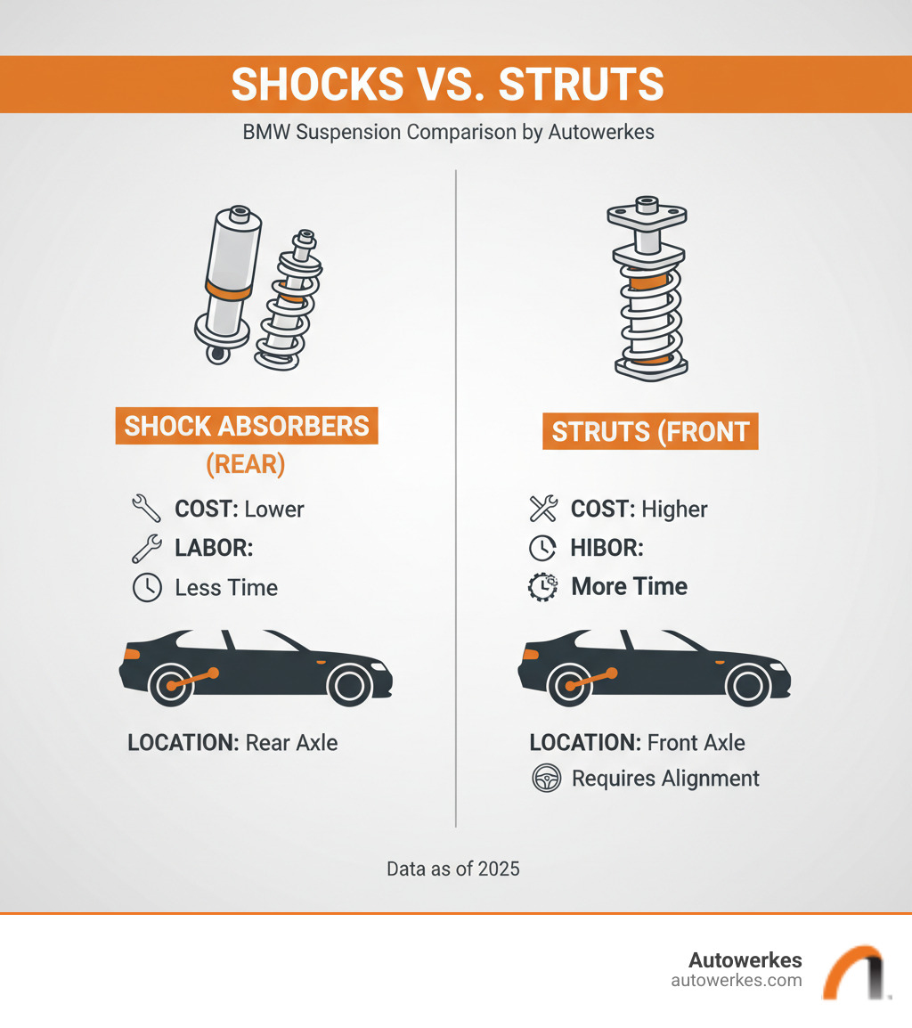 Infographic comparing shocks and struts on cost, labor time, and location on vehicle, as understood by Autowerkes - BMW suspension parts cost infographic 