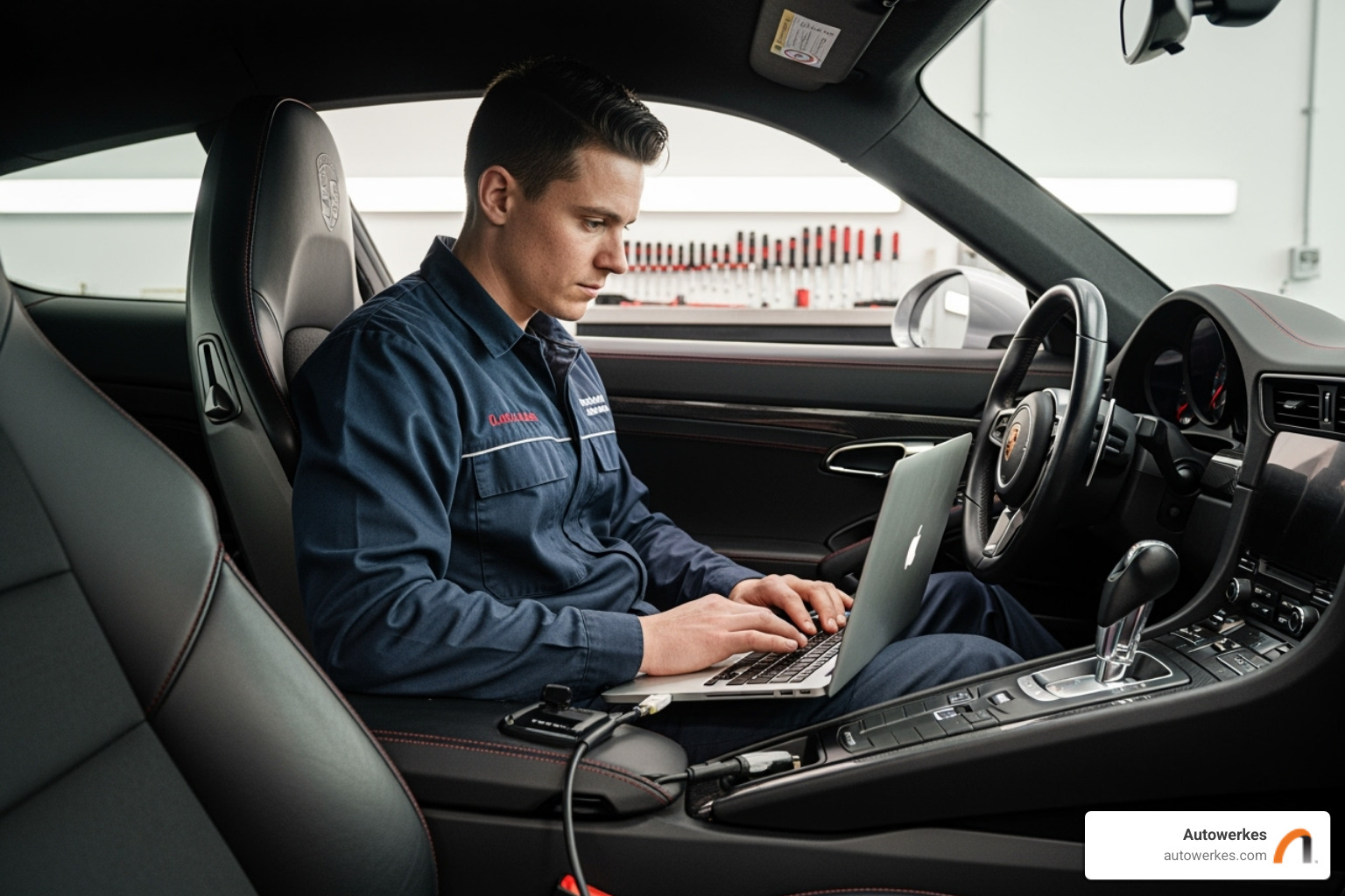 Autowerkes technician using diagnostic tool on a Porsche - porsche service san diego Autowerkes technician using diagnostic tool on a Porsche - porsche service san diego