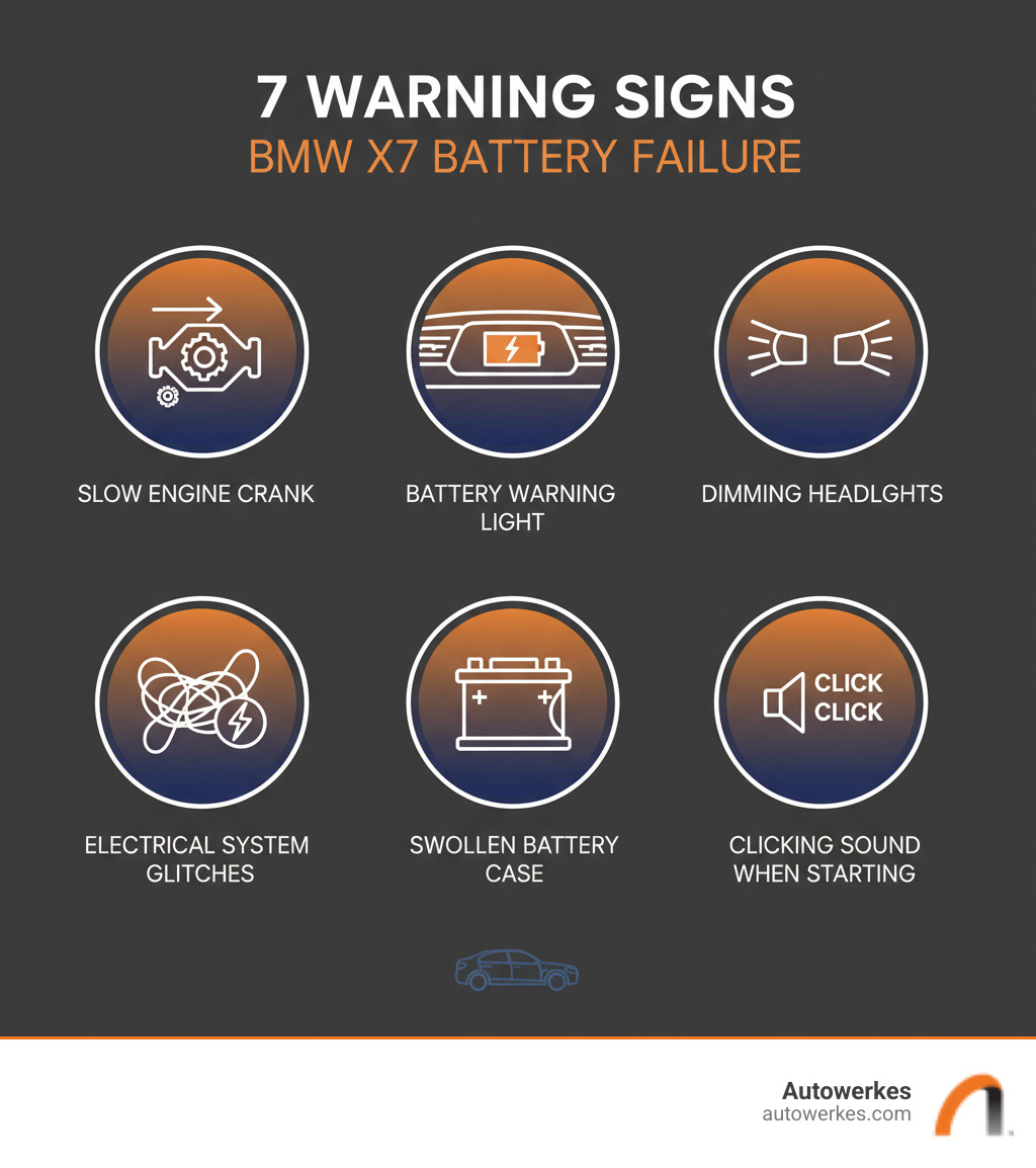 Infographic showing the 7 key warning signs of a failing BMW X7 battery: slow engine crank, battery warning light on dashboard, dimming headlights, electrical system glitches, swollen battery case, corroded terminals, and clicking sound when starting - bmw x7 battery infographic 