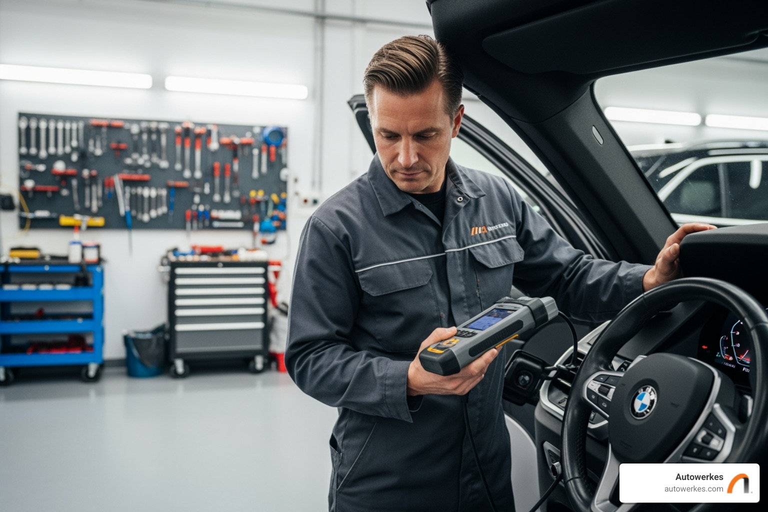 Technician using an OBDII scanner on a BMW - bmw x7 battery