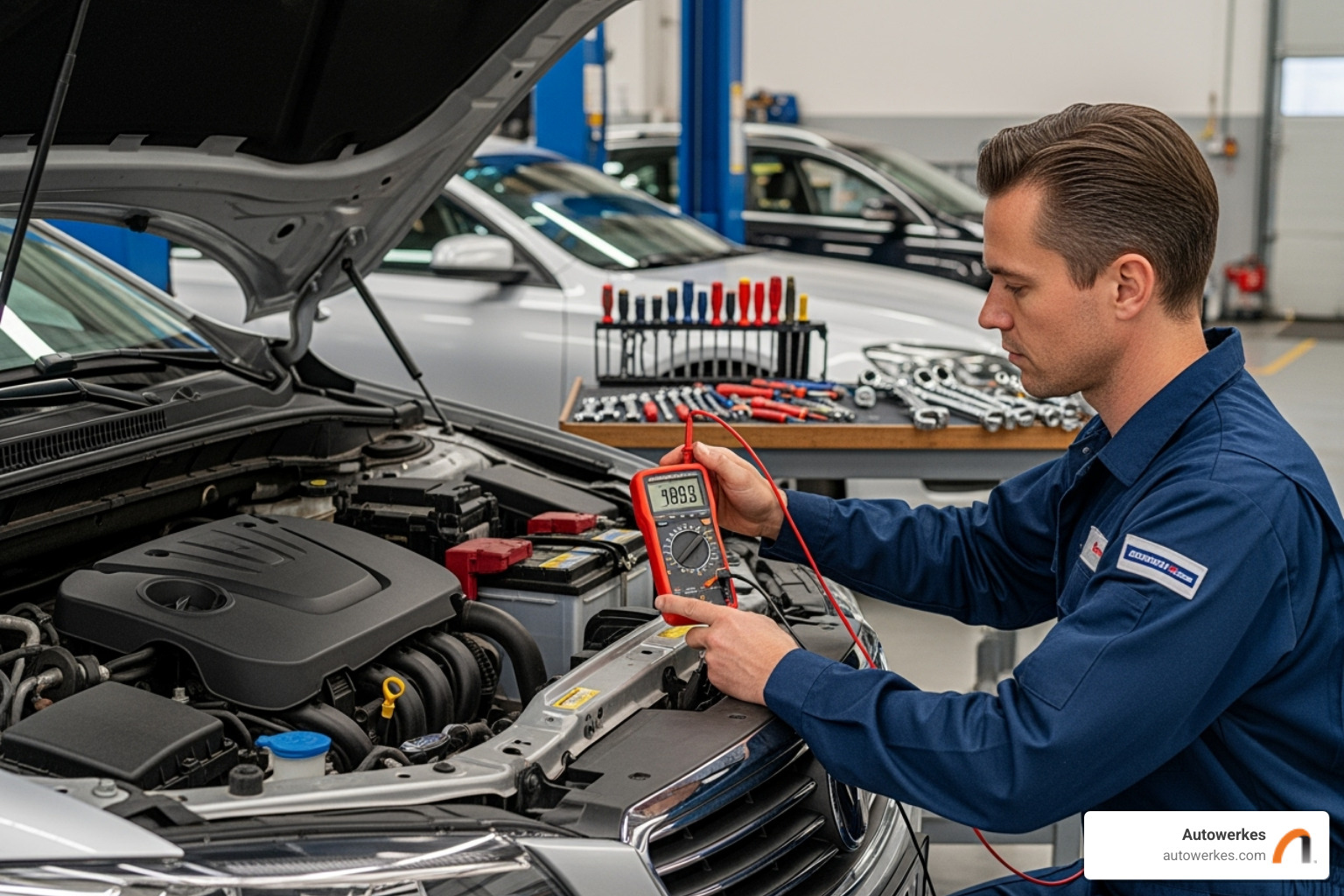 Technician testing a car battery with a multimeter - bmw x7 battery