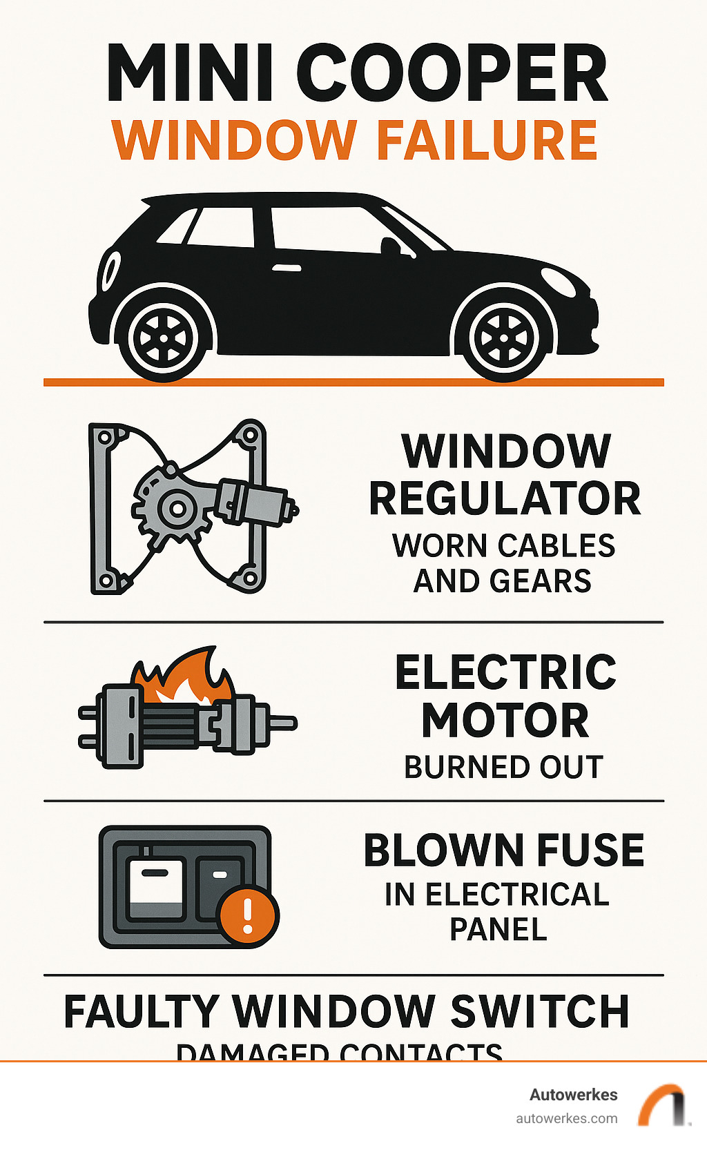 Infographic showing the four main causes of Mini Cooper window failure: window regulator mechanism with worn cables and gears, electric motor with burned out components, blown fuse in electrical panel, and faulty window switch with damaged contacts - mini cooper window repair infographic Infographic showing the four main causes of Mini Cooper window failure: window regulator mechanism with worn cables and gears, electric motor with burned out components, blown fuse in electrical panel, and faulty window switch with damaged contacts - mini cooper window repair infographic