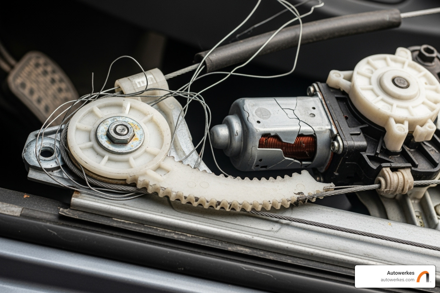 image of a broken window regulator mechanism - mini cooper window repair image of a broken window regulator mechanism - mini cooper window repair