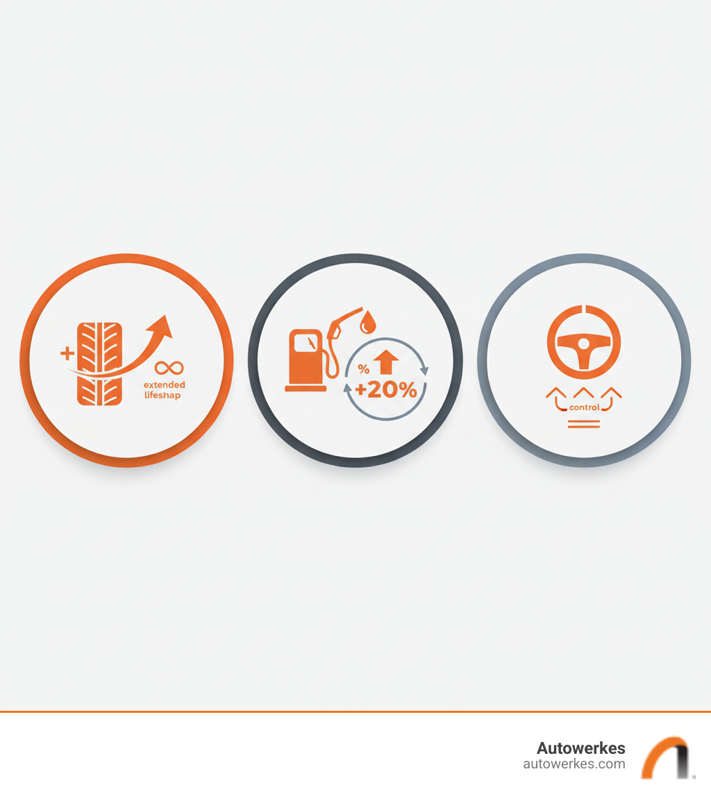 infographic showing three main benefits of wheel alignment: a tire icon with extended lifespan notation, a fuel pump icon with improved efficiency percentage, and a steering wheel icon representing enhanced safety and control - wheel alignment service infographic 