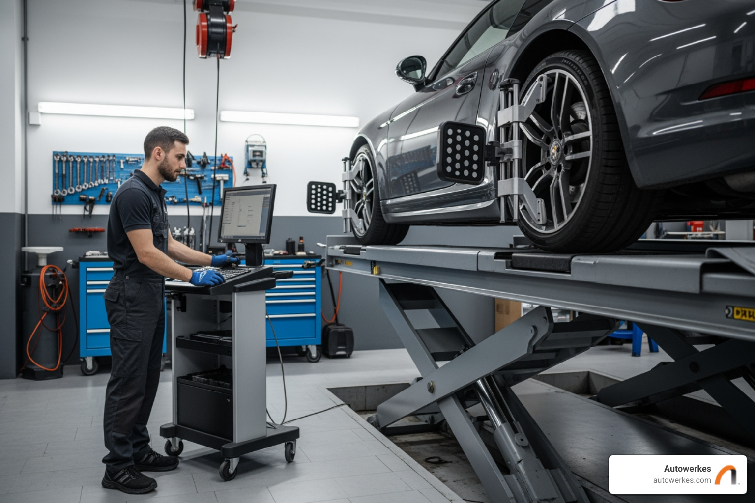 Autowerkes technician performing wheel alignment on a luxury vehicle - wheel alignment service