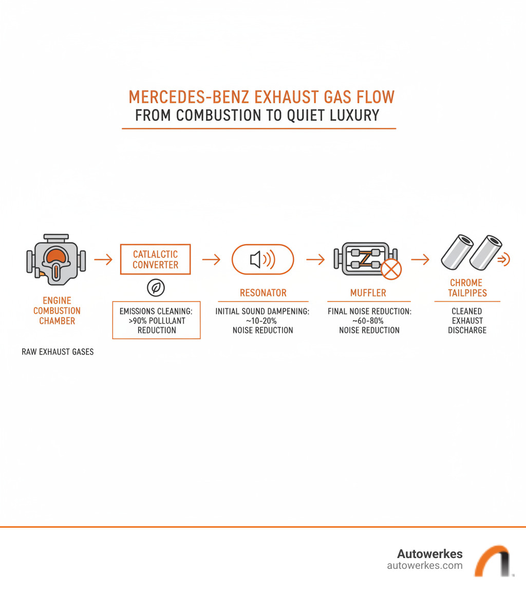 Infographic showing the complete exhaust gas flow path in a Mercedes-Benz vehicle, from engine combustion chamber through catalytic converter for emissions cleaning, resonator for initial sound dampening, muffler for final noise reduction, and out through chrome tailpipes, with labels indicating pollutant reduction percentages and sound level changes at each stage - mercedes benz exhaust system infographic Infographic showing the complete exhaust gas flow path in a Mercedes-Benz vehicle, from engine combustion chamber through catalytic converter for emissions cleaning, resonator for initial sound dampening, muffler for final noise reduction, and out through chrome tailpipes, with labels indicating pollutant reduction percentages and sound level changes at each stage - mercedes benz exhaust system infographic