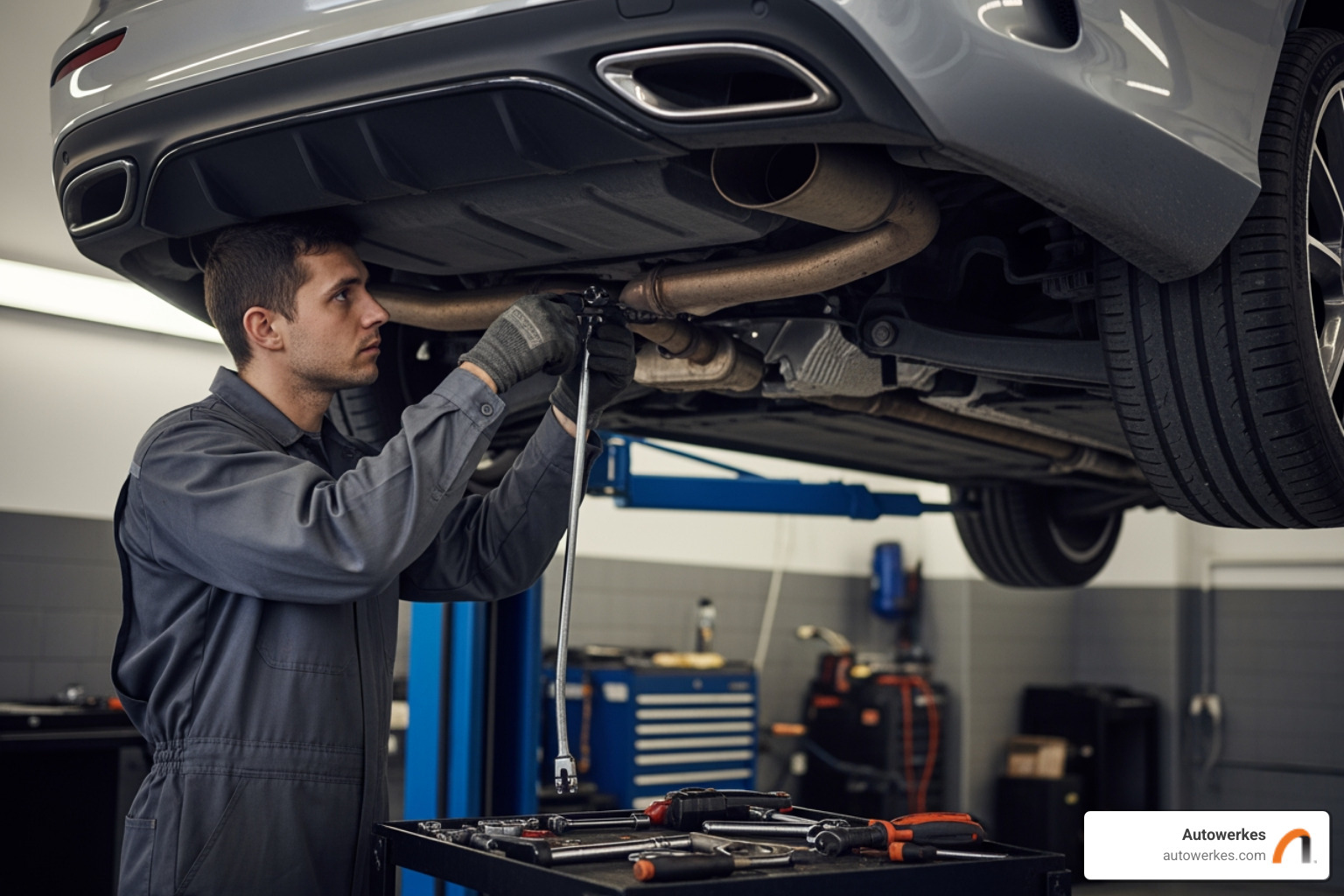 Autowerkes technician working on a Mercedes-Benz exhaust system - mercedes benz exhaust system Autowerkes technician working on a Mercedes-Benz exhaust system - mercedes benz exhaust system