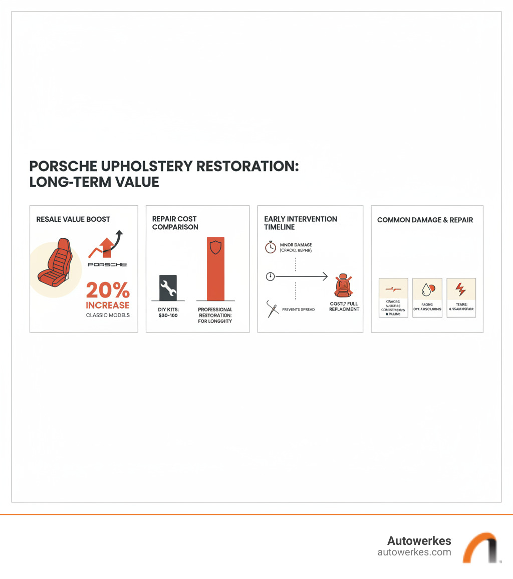Infographic showing the long-term financial benefits of professional Porsche upholstery repair: 20% increase in resale value for classic models, comparison of DIY repair costs ($30-$100) versus professional restoration investment, timeline showing how early intervention prevents costly full replacement, and breakdown of common damage types (cracks, tears, fading) with recommended repair approaches - porsche upholstery repair infographic 