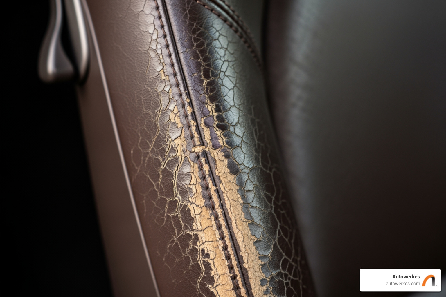 A close-up image of a worn driver's seat bolster on a Porsche Boxster, showing visible cracks and scuffing on the leather - porsche upholstery repair