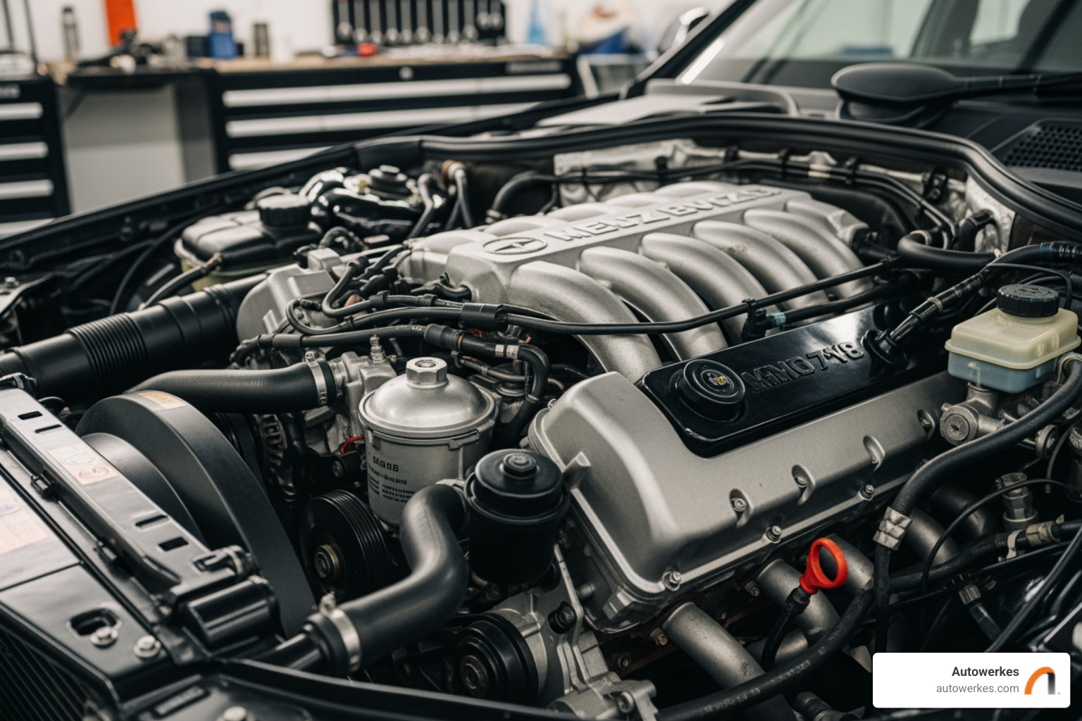 M119 engine bay highlighting oil filter housing - r129 oil change