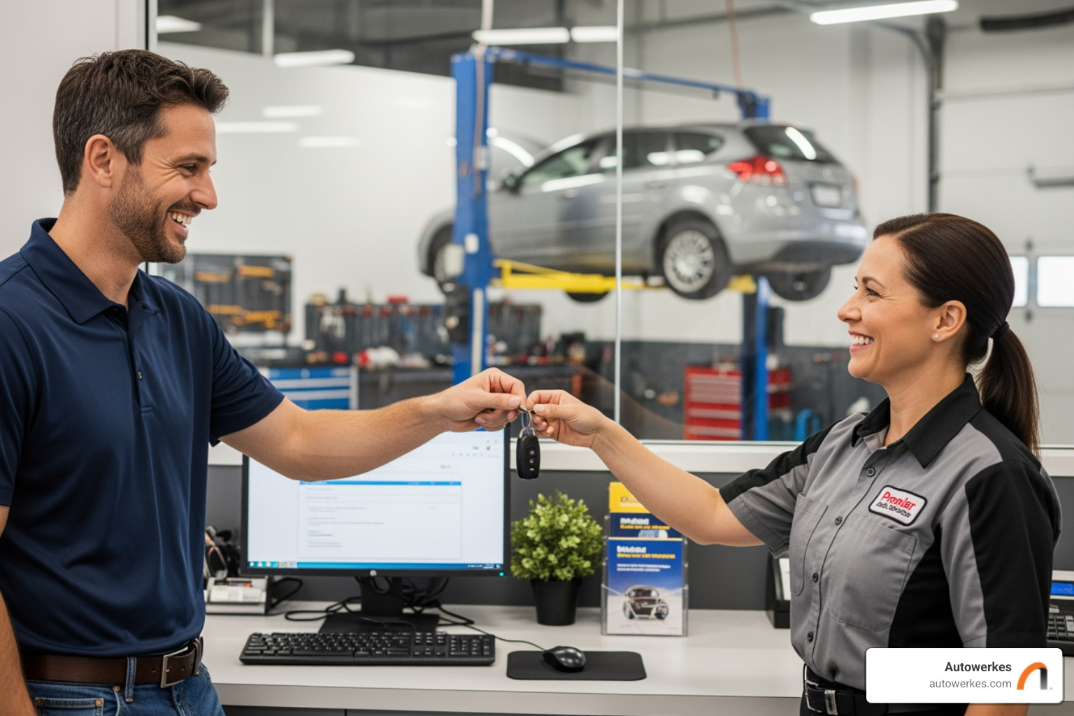 a happy customer receiving their keys from an Autowerkes technician - auto repair balboa ave san diego
