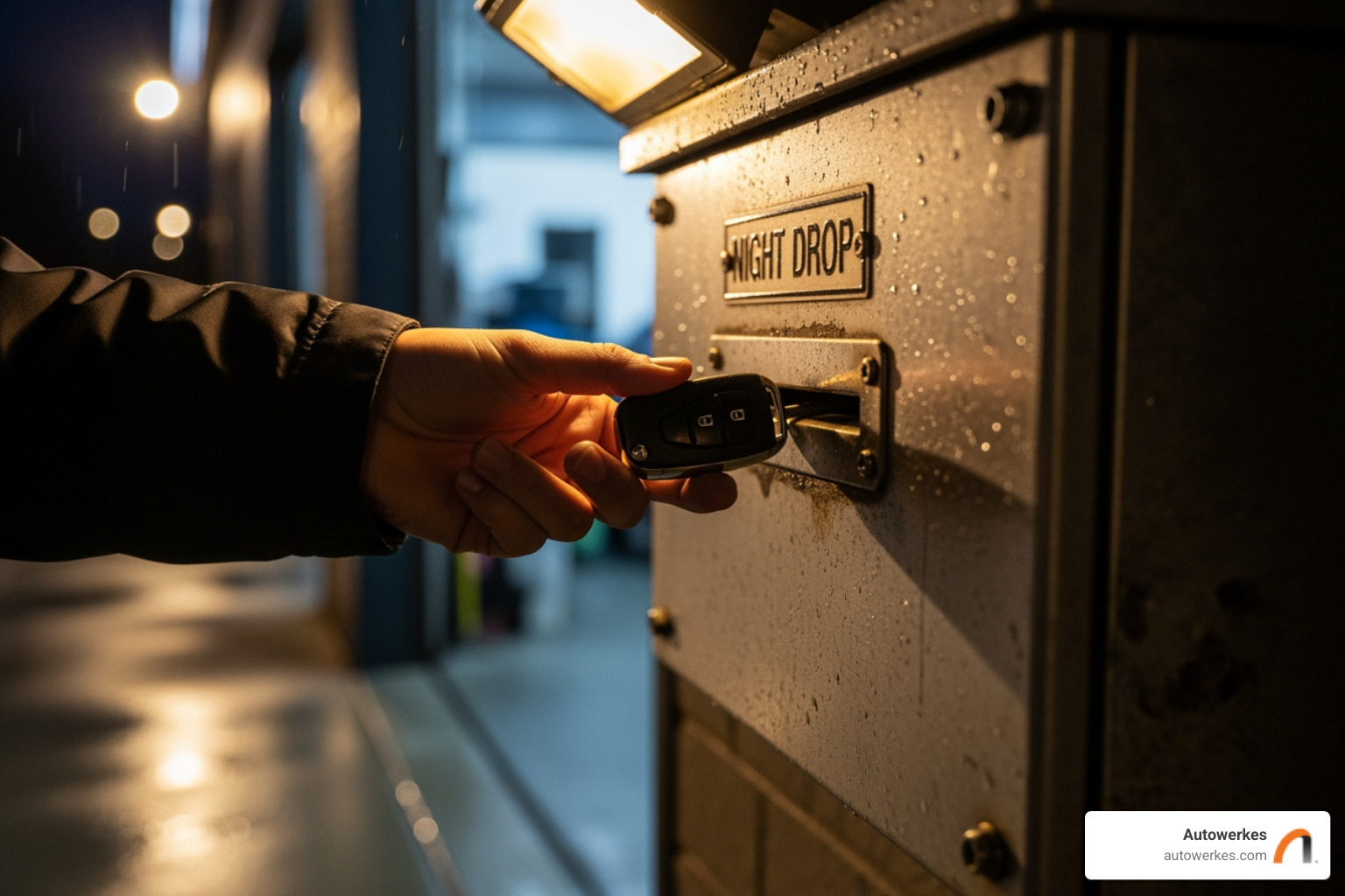 a key being placed in a night-drop box at Autowerkes - auto repair balboa ave san diego