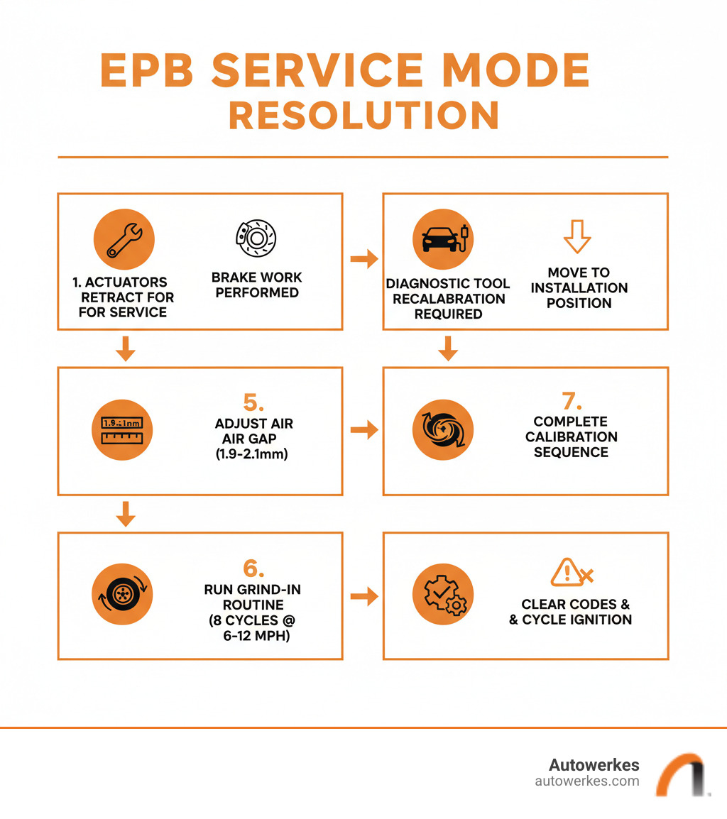 Infographic showing the EPB service mode resolution process: 1) EPB actuators retract for service 2) Brake work performed 3) System requires recalibration with diagnostic tool 4) Move to installation position 5) Adjust air gap to spec (1.9-2.1mm) 6) Run grind-in routine (8 cycles at 6-12 mph) 7) Complete calibration sequence 8) Clear codes and cycle ignition - electric parking brake in service mode porsche infographic 