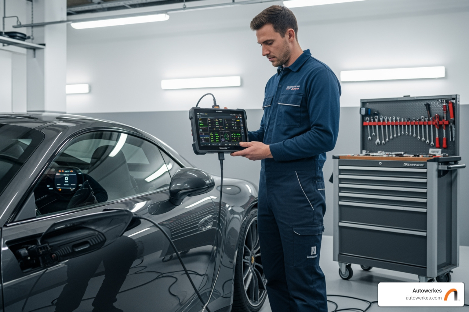 technician using a diagnostic scanner on a Porsche - electric parking brake in service mode porsche