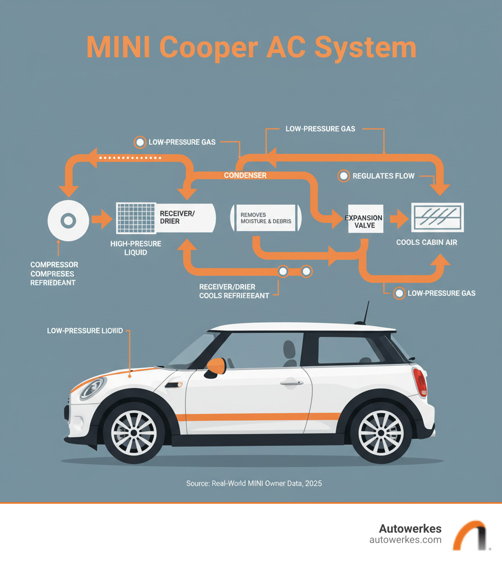 Detailed infographic showing MINI Cooper AC system components: compressor location in engine bay, condenser at front grille, receiver/drier, evaporator inside dashboard, expansion valve, and refrigerant flow arrows connecting all components with labels for each part's function - mini cooper ac compressor replacement infographic 