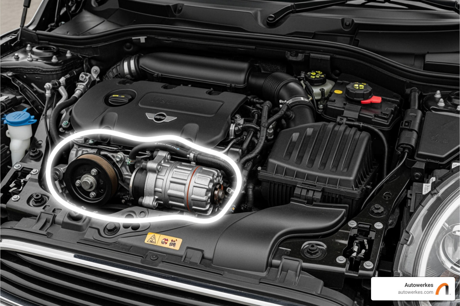 MINI Cooper engine bay with AC compressor highlighted - mini cooper ac compressor replacement