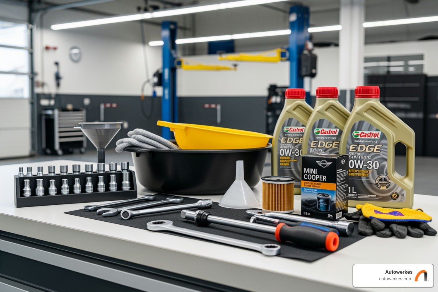 Tools and materials for a MINI oil change laid out in the Autowerkes service bay - mini cooper oil change Tools and materials for a MINI oil change laid out in the Autowerkes service bay - mini cooper oil change