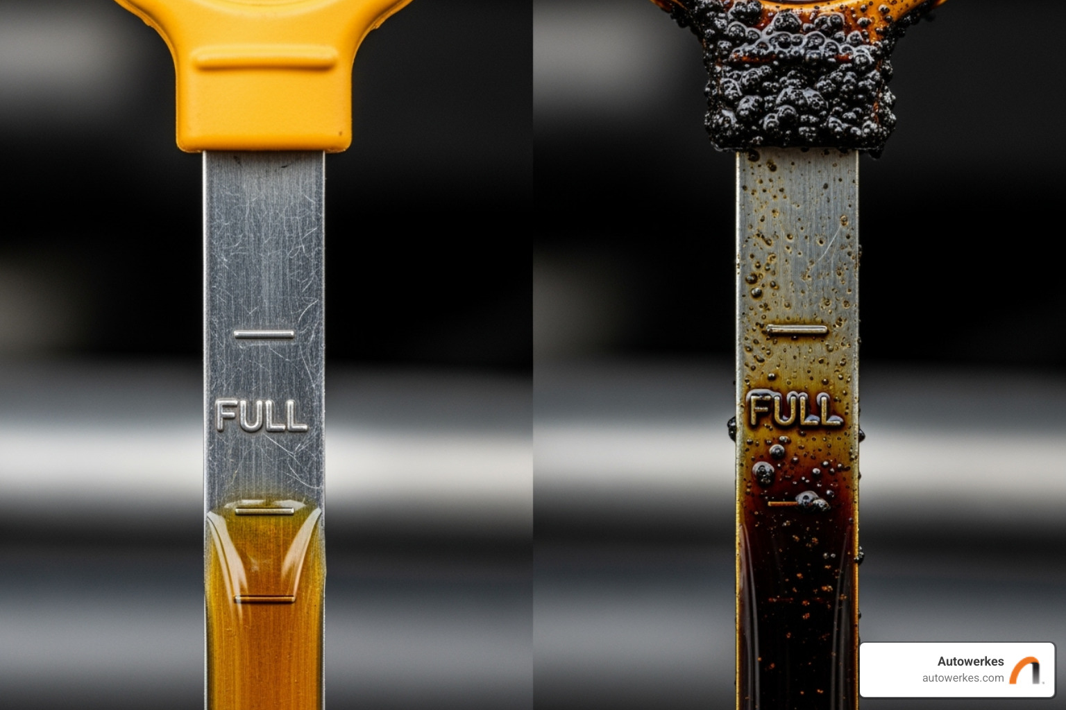 Side-by-side comparison of a dipstick with clean, amber oil versus one with dark, gritty oil - mini cooper oil change Side-by-side comparison of a dipstick with clean, amber oil versus one with dark, gritty oil - mini cooper oil change