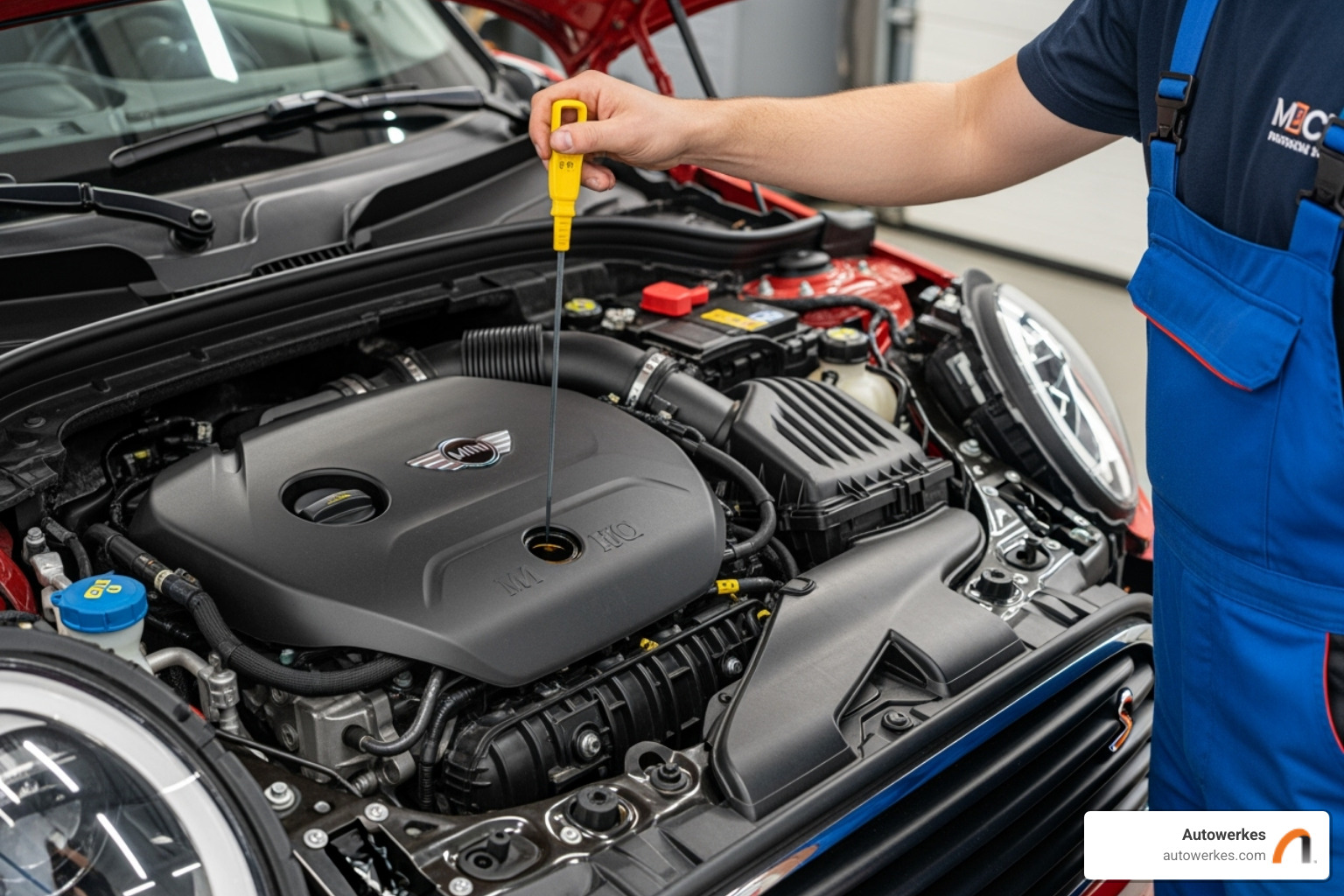 An Autowerkes technician checking a MINI's oil level with a dipstick - mini cooper oil change An Autowerkes technician checking a MINI's oil level with a dipstick - mini cooper oil change